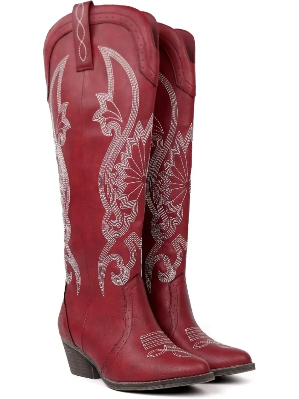 Women's Red Pointed Toe Block Heel Classic Embroidered Western Knee High Boots